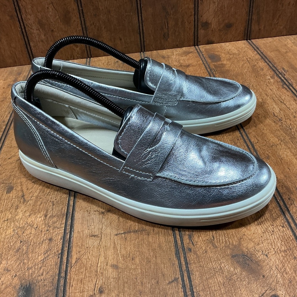 Ecco Shoes Womens 40-9/9.5 Silver Leather Penny Loafers Comfort Flats Slip On